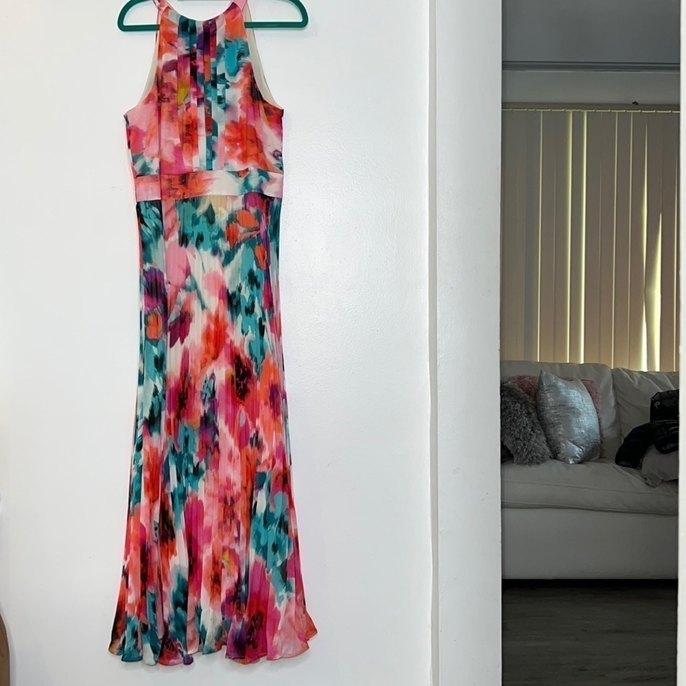 Eliza J Pleated Chiffon Floral Halter Maxi Dress Size 10